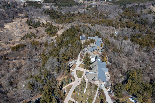 Aerial view of Kleinburg town and McMichael Canadian Art Collection, Vaughan, Canada