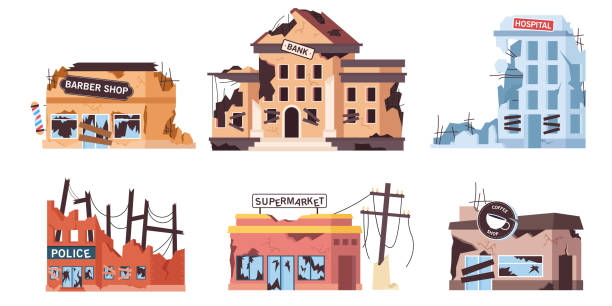 ilustraciones, imágenes clip art, dibujos animados e iconos de stock de edificios de la ciudad destruidos conjunto de ilustraciones de dibujos animados - coches abandonados