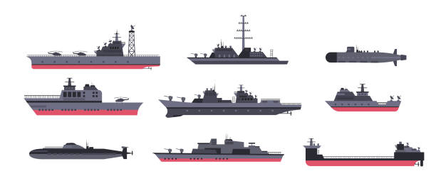 okręty wojskowe i okręty podwodne zestaw ilustracji z kreskówek - statek wojskowy stock illustrations