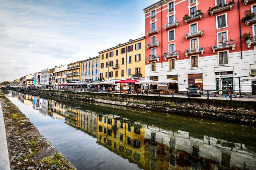 Many Cafes And Vendors On Milanese Canal, Italy