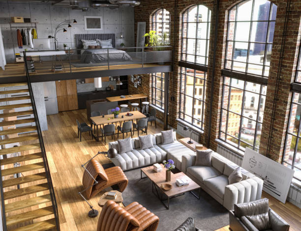 istock Industrial Style Loft Apartment with arch windows and indoor balcony, 3d render 1396712776