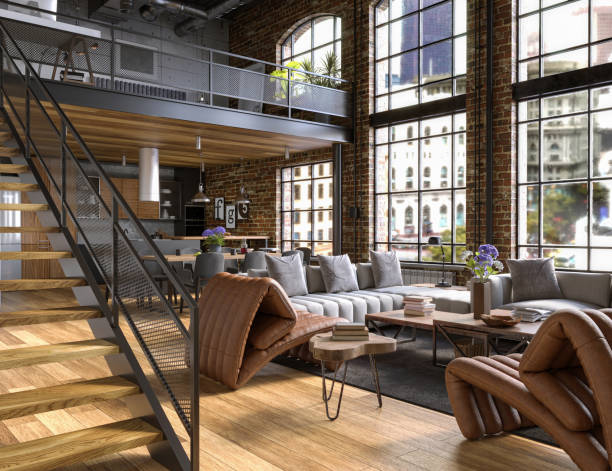 istock Industrial Style Loft Apartment with arch windows and indoor balcony, 3d render 1396712803