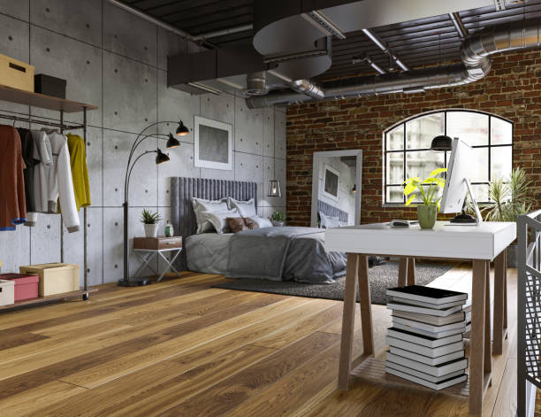 istock Industrial Style Loft Apartment with arch windows and indoor balcony, 3d render 1396712808