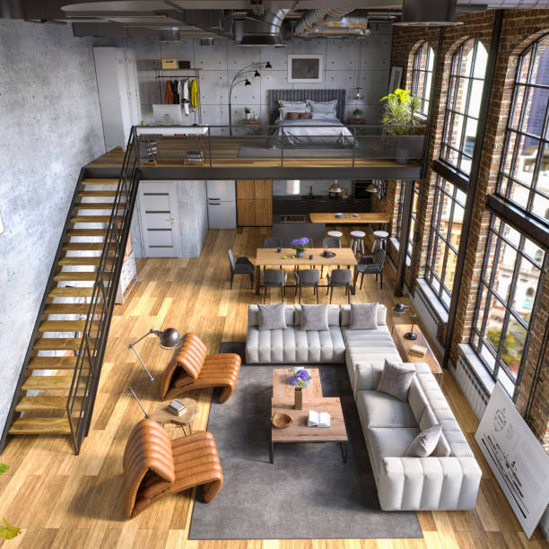 istock Industrial Style Loft Apartment with arch windows and indoor balcony, 3d render 1396712814