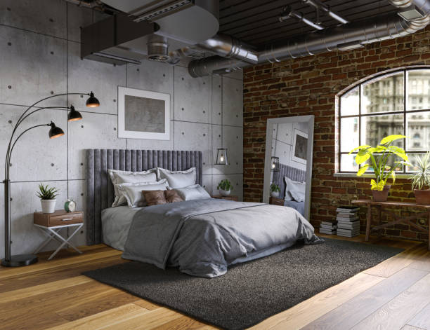 apartamento loft de estilo industrial con ventanas de arco y balcón interior, render 3d - loft apartment living room sofa vehicle interior fotografías e imágenes de stock