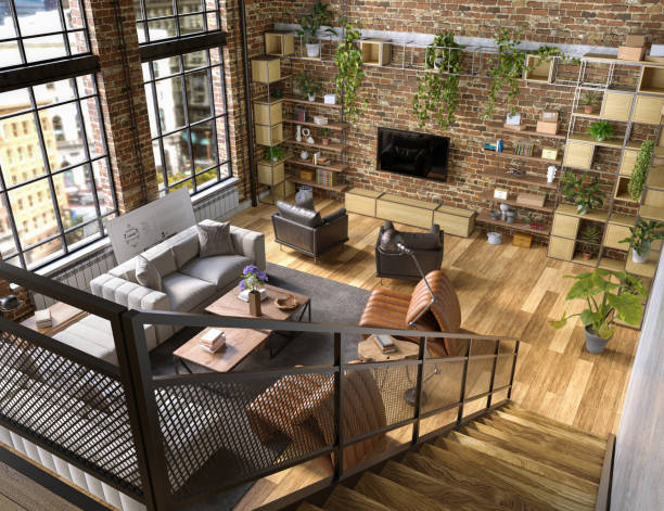 istock Industrial Style Loft Apartment with arch windows and indoor balcony, 3d render 1396712851