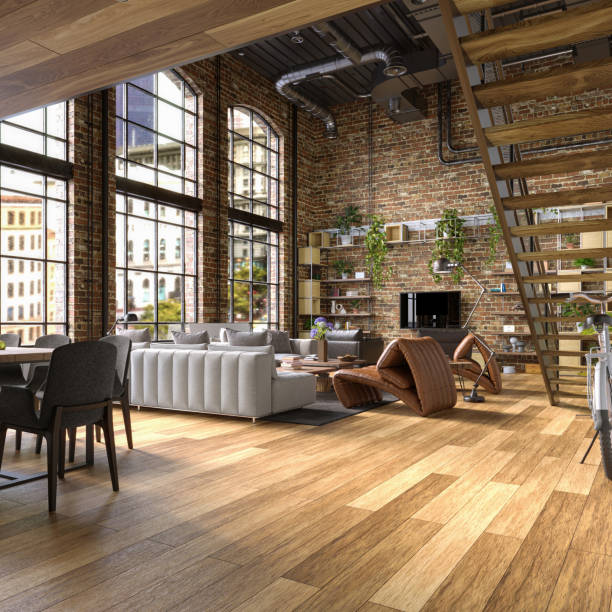 istock Industrial Style Loft Apartment with arch windows and indoor balcony, 3d render 1396712852