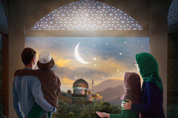 ramadan kareem greeting. family looking at mosque. - islam praying mosque ramadan imagens e fotografias de stock