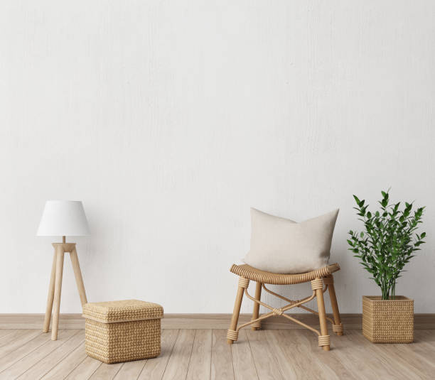 Minimal room interior with rattan chair,lamp,pot and plant on white wall background.3d rendering stock photo