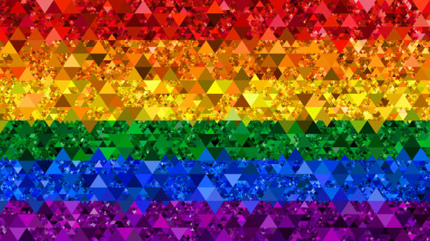 rainbow flag abstract mosaic lgbtqia pride month event culture triangle kaleidoscope pattern stripe geometric texture red orange yellow green blue purple glitter sequin crumpled foil pixel refraction paper psychedelic background digitally generated image - diamond shaped fotos imagens e fotografias de stock