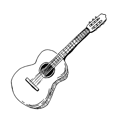 Sketch of Guitar in doodle style. Classical Spanish music instrument. Hand drawn vector illustration