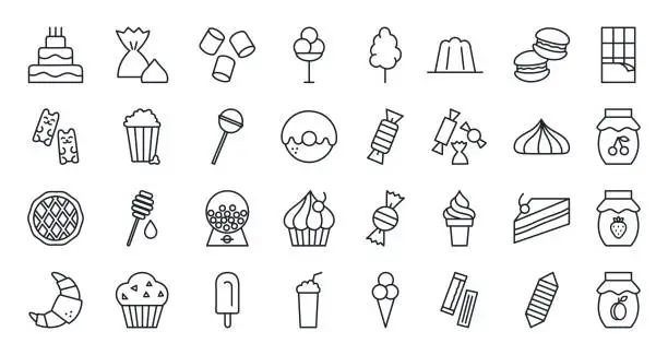Vector illustration of Bakery products, chocolate, candies, sweets icon set. Confectionery isolated vector line icons