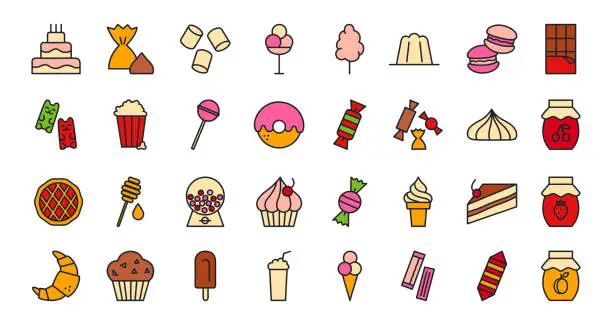 Vector illustration of Bakery products, chocolate, candies, sweets icon set. Confectionery isolated vector line color icons