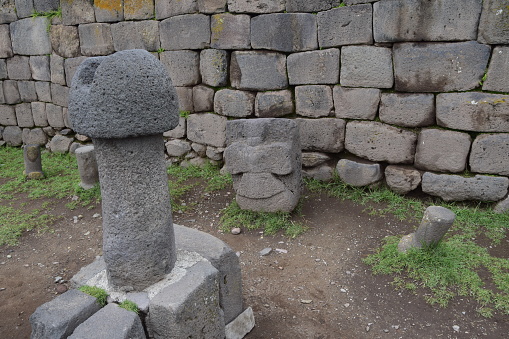 Stone phallus in the prehistoric Incas fertility temple in Chucuito, Puno Peru.