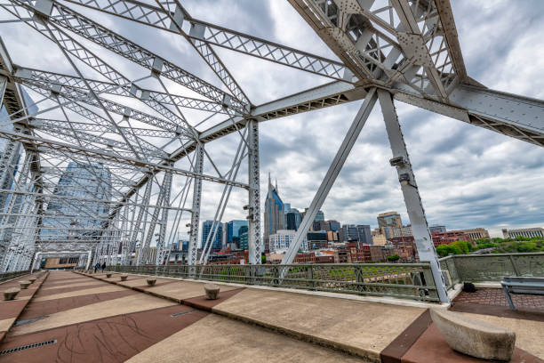 The John Seigenthaler Pedestrian Bridge crossing the Cumberland River in downtown Nashville Tennessee shot wide angle with the skyline of the city in the background.