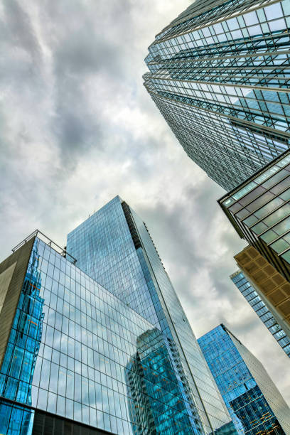 Wide angle view looking up at the the towering office buildings located in downtown Nashville, Tennessee.