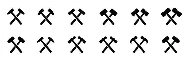 istock Hammer icon set. Crossed hammers vector icons set. Simple flat design. Symbol or sign for smith, blacksmith, metalwork, repair, carpenter, carpentry, and builder. 1396720173