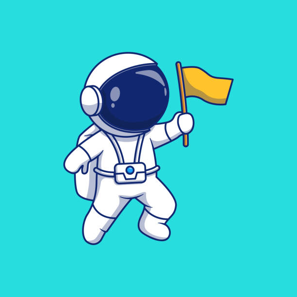 illustrazioni stock, clip art, cartoni animati e icone di tendenza di astronauta illustrazione vettoriale disegno in bilico che porta una bandiera - astronauta