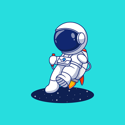 cute astronaut vector illustration design flying with jetpack over black hole