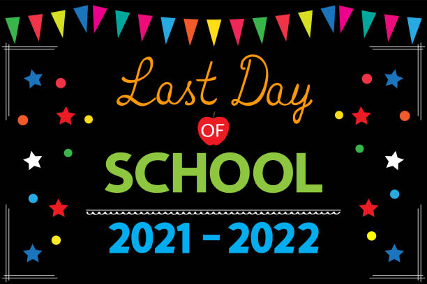 Last Day of School 2021-2022 banner on black school board. End of school year concept. Garland, text, stars and circles on a chalk board, vector. teacher appreciation week stock illustrations
