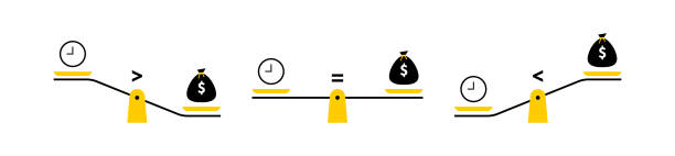 ilustrações de stock, clip art, desenhos animados e ícones de scales with different balance. time and money weighing concept to find a balance in life. time is money. vector illustration - scale