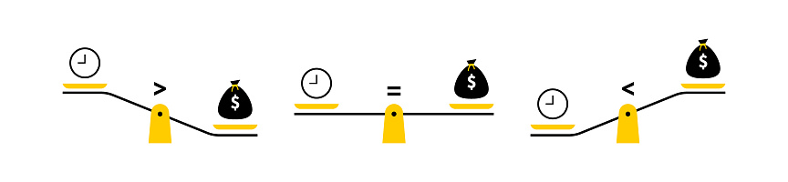 Scales with different balance. Time and money weighing concept to find a balance in life. Time is money. Vector illustration.