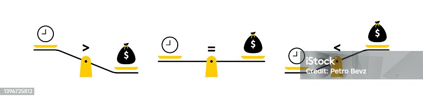 istock Scales with different balance. Time and money weighing concept to find a balance in life. Time is money. Vector illustration 1396725812