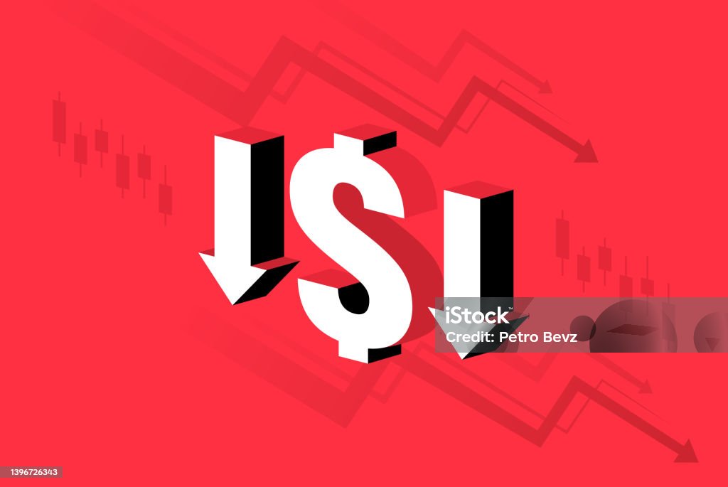 Economy Crash Concept Down Trend With Arrows Isolated On Red Background