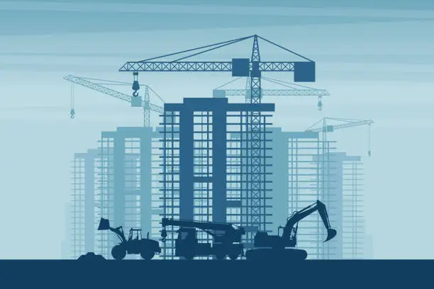 Vector illustration of Background of heavy machinery such as front loader, truck crane, excavator, working on the construction of buildings in a city