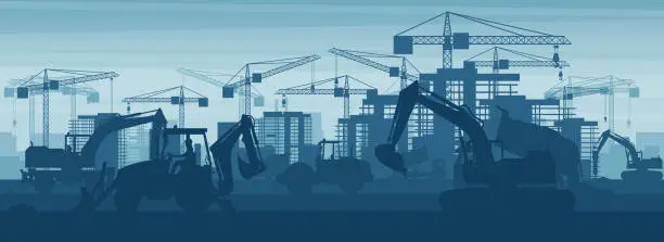 Vector illustration of Panoramic background of heavy machinery such as excavator, backhoe, truck, soil compactor, wheel excavator, concrete trucks, hammer excavator, working on the construction of buildings in a city