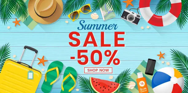 Vector illustration of Summer Sale banner on the wood background with beach summer accessories