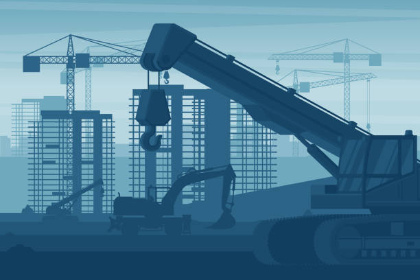 ilustraciones, imágenes clip art, dibujos animados e iconos de stock de fondo de la etapa de maquinaria pesada de la grúa telescópica utilizada en la industria de la construcción - silhouette crane construction construction site