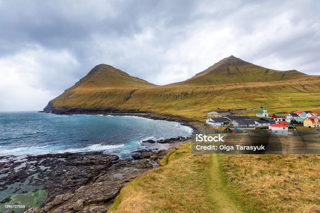 Rainy day in Gjógv village, island of Eysturoy, in the Faroe Islands Architecture Stock Photo