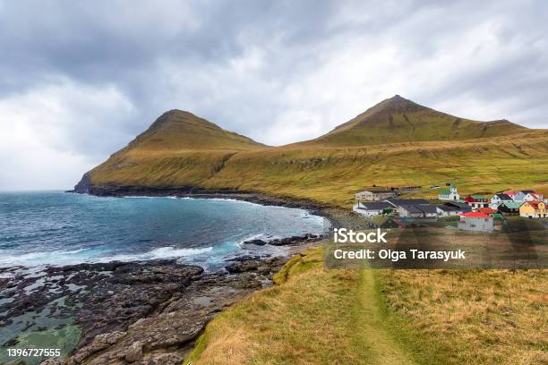 Rainy Day In Gjógv Village Island Of Eysturoy In The Faroe Islands Stock Photo - Download Image Now