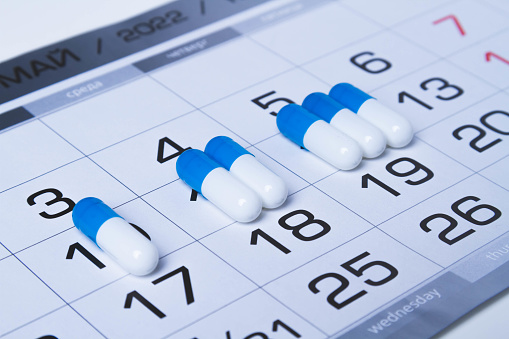 Medication course. Treatment schedule. Tablets and calendar. period of medical examination.