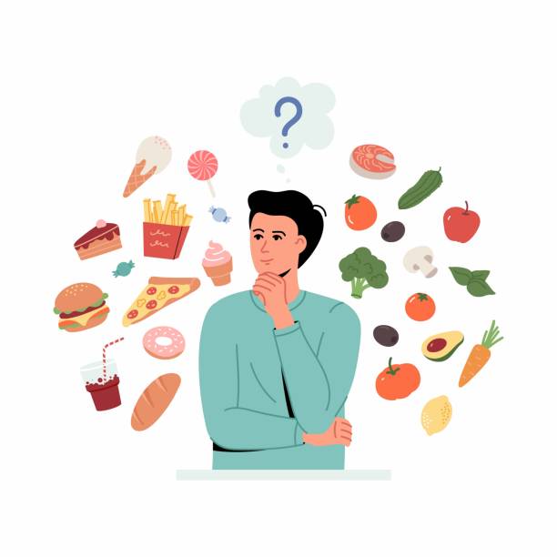 ilustrações de stock, clip art, desenhos animados e ícones de man think about healthy and unhealthy food. young man surrounded by fruits and vegetables by one side and fast-food and sweets - man eating healthy