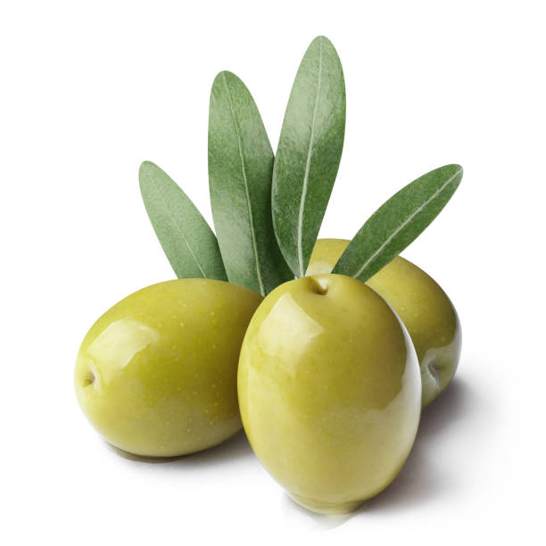 istock Delicious green olives with leaves on white 1396729342