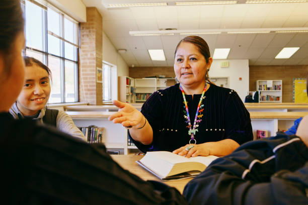 istock High School Teacher and Students in a School Library 1396729821