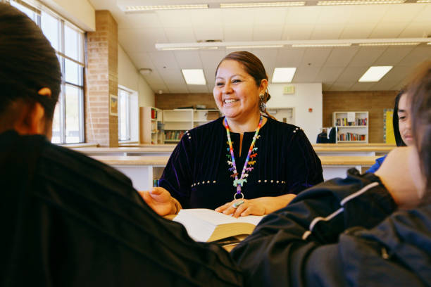 High School Teacher and Students in a School Library
