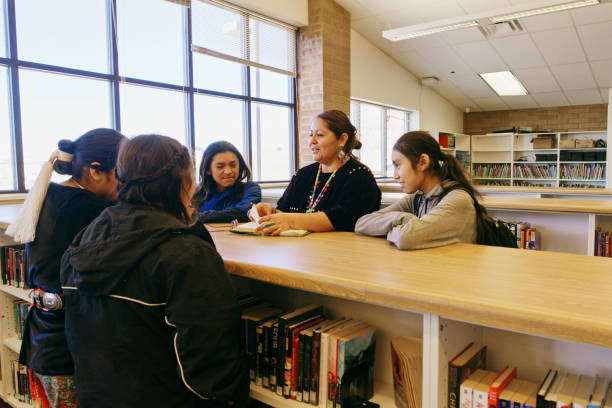 istock High School Teacher and Students in a School Library 1396729841