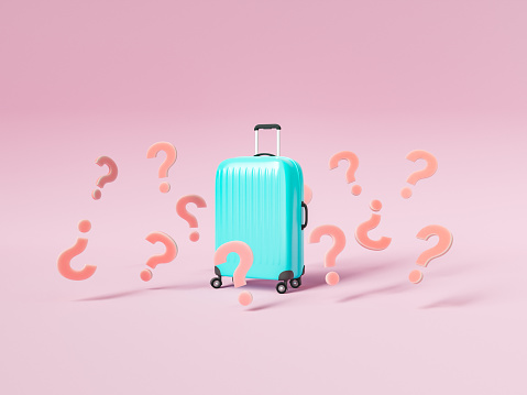 3D illustration of many question marks surrounding blue suitcase as concept of pending vacation against pink background