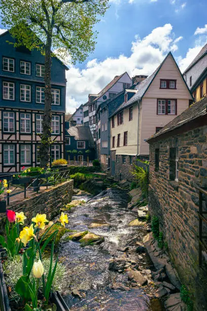 Scenic view of brook Laufenbach, which flows into the river Ruhr in the historic town of Monschau in the western part of Germany.