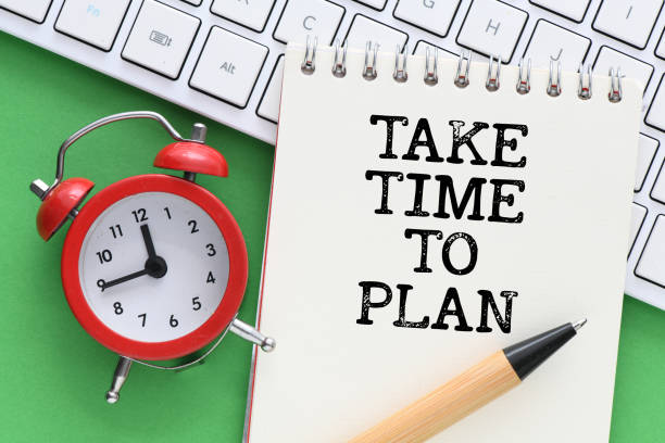 istock TAKE TIME TO PLAN words written in an office notebook on a green background. 1396731820