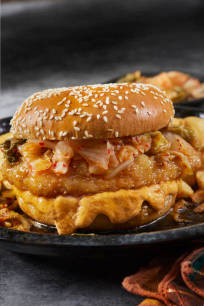 Sweet and Sour Crispy Fried Chicken Burger with Kimchi
