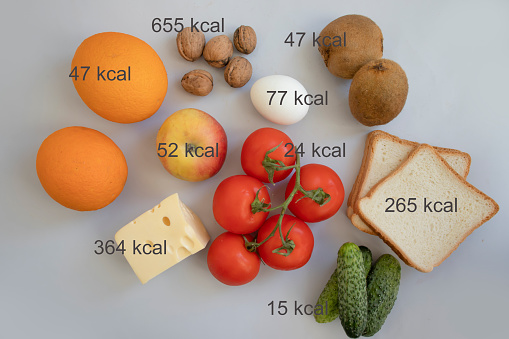 different food, vegetables and fruits with calorie indication