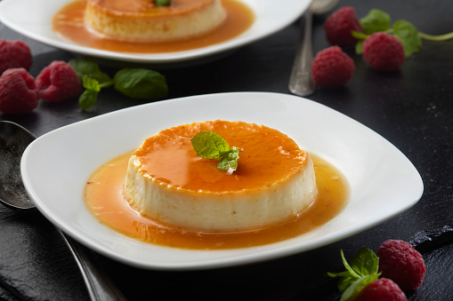 Creme Caramel with Fresh Raspberries and Mint