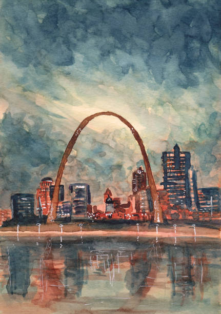 St. Louis Skyline at Sunset - Original Watercolor Painting The St. Louis city skyline with Gateway Arch photographed sunset. Original watercolor painting st louis skyline stock illustrations