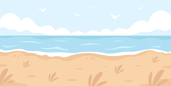 Sandy beach landscape. Hello summer, summer vacation. Ocean shore. Vector illustration