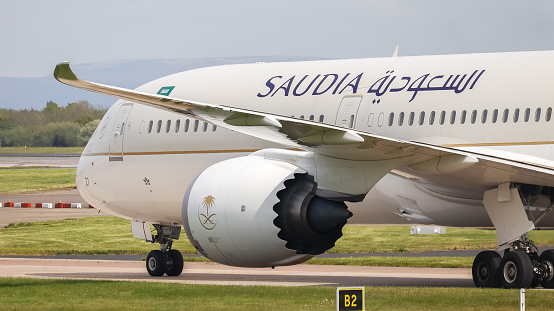 Manchester Airport, United Kingdom - 5 May, 2022: Saudia Arabia Airlines Boeing 787 (HZ-AR27) taxiing towards T2 after landing from Jeddah, Saudi Arabica.