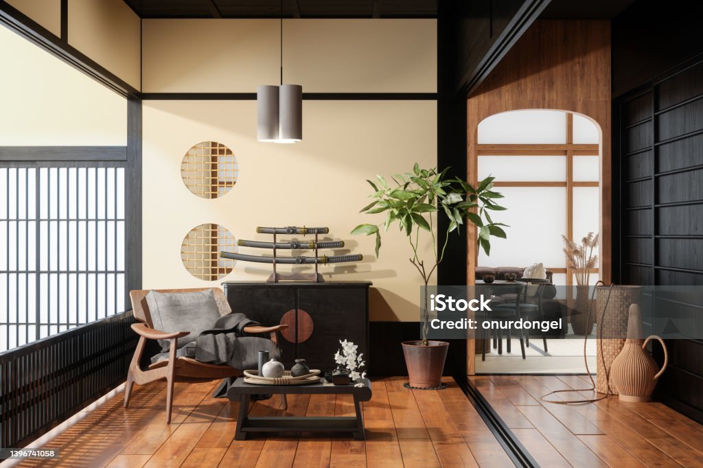 Japanese Style Living Room Interior With Armchair, Coffee Table, Potted Plant, Dining Table And Sofa Japan Stock Photo